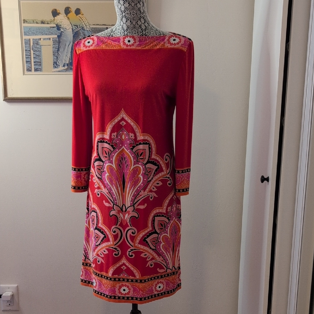 London Times Red and Pink Long Sleeve Dress